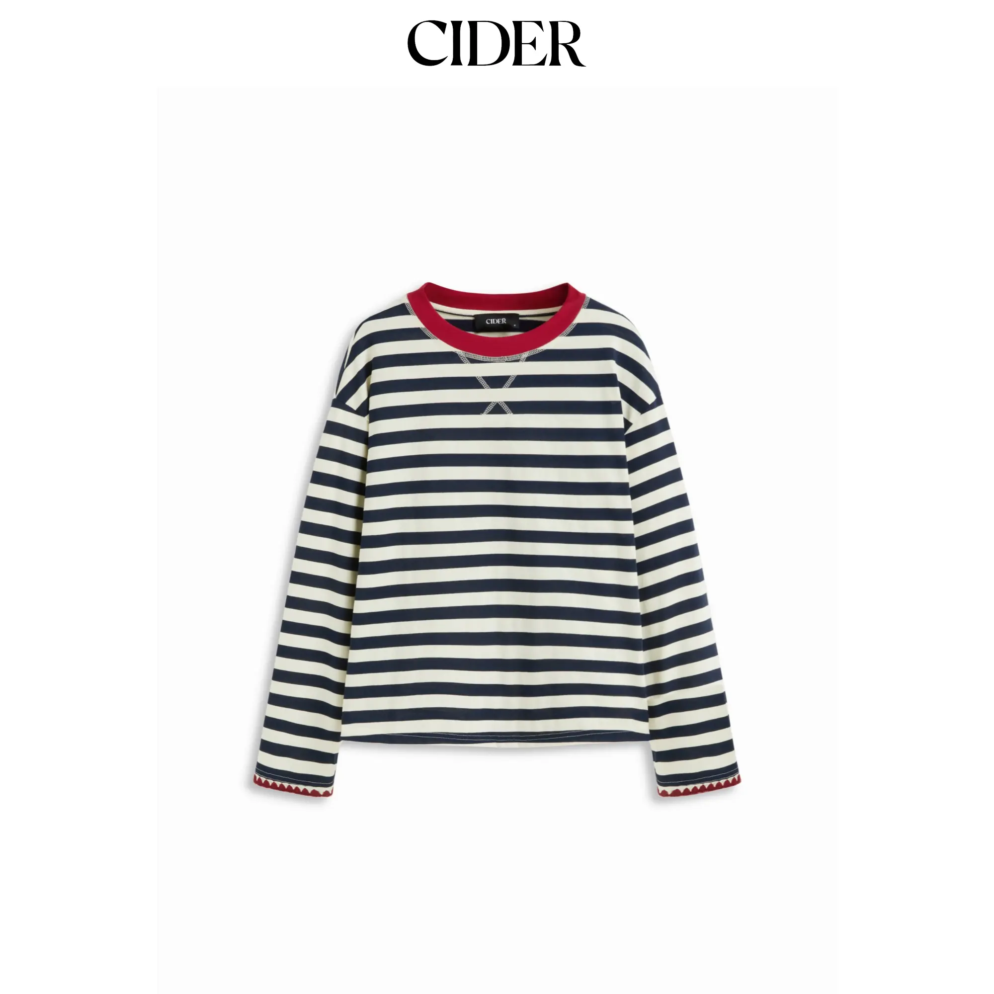 Cider Cotton-blend Stripe Contrasting Binding Oversized Long Sleeve Tee