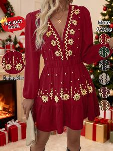 women's floral embroidery v neck longsleeves dress, casual bohemian elegant long sleeve dress for spring, ladies clothes for daily wear, womenswear, boho clothes women