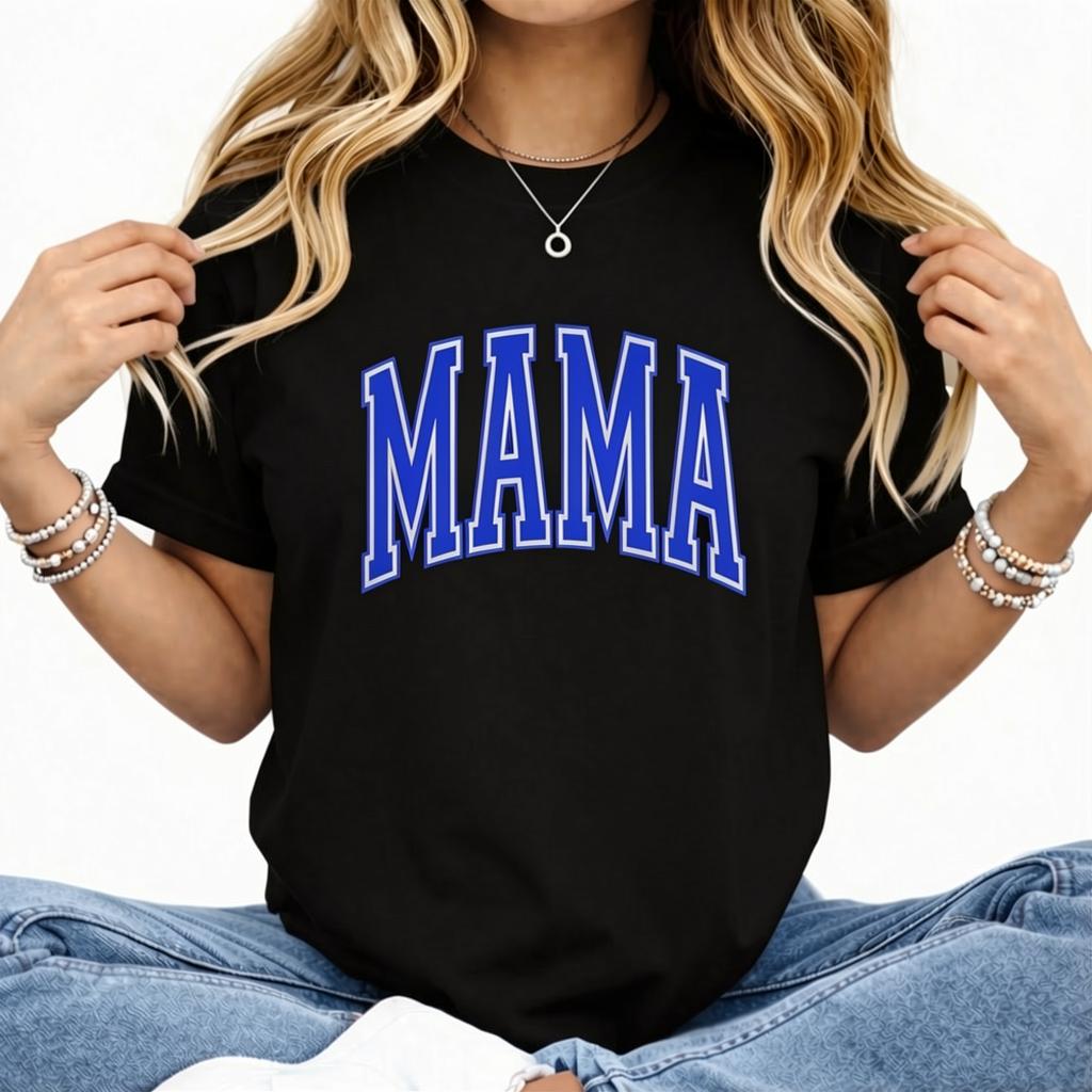 Camo Mama Puff Print T-shirt or Sweatshirt with Bold Blue Lettering and Camouflage Design