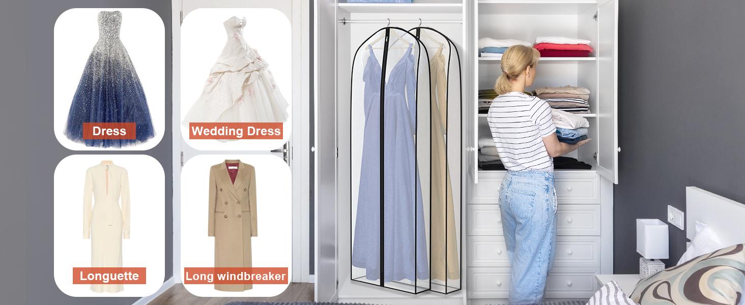 Breathable 72" Long Dress Bags for Gowns, Silky Wedding Dress Storage Bags with 7" Gusset, Wrinkle-Free Closet Organizer for Evening & Puffy Dresses, Set of 2