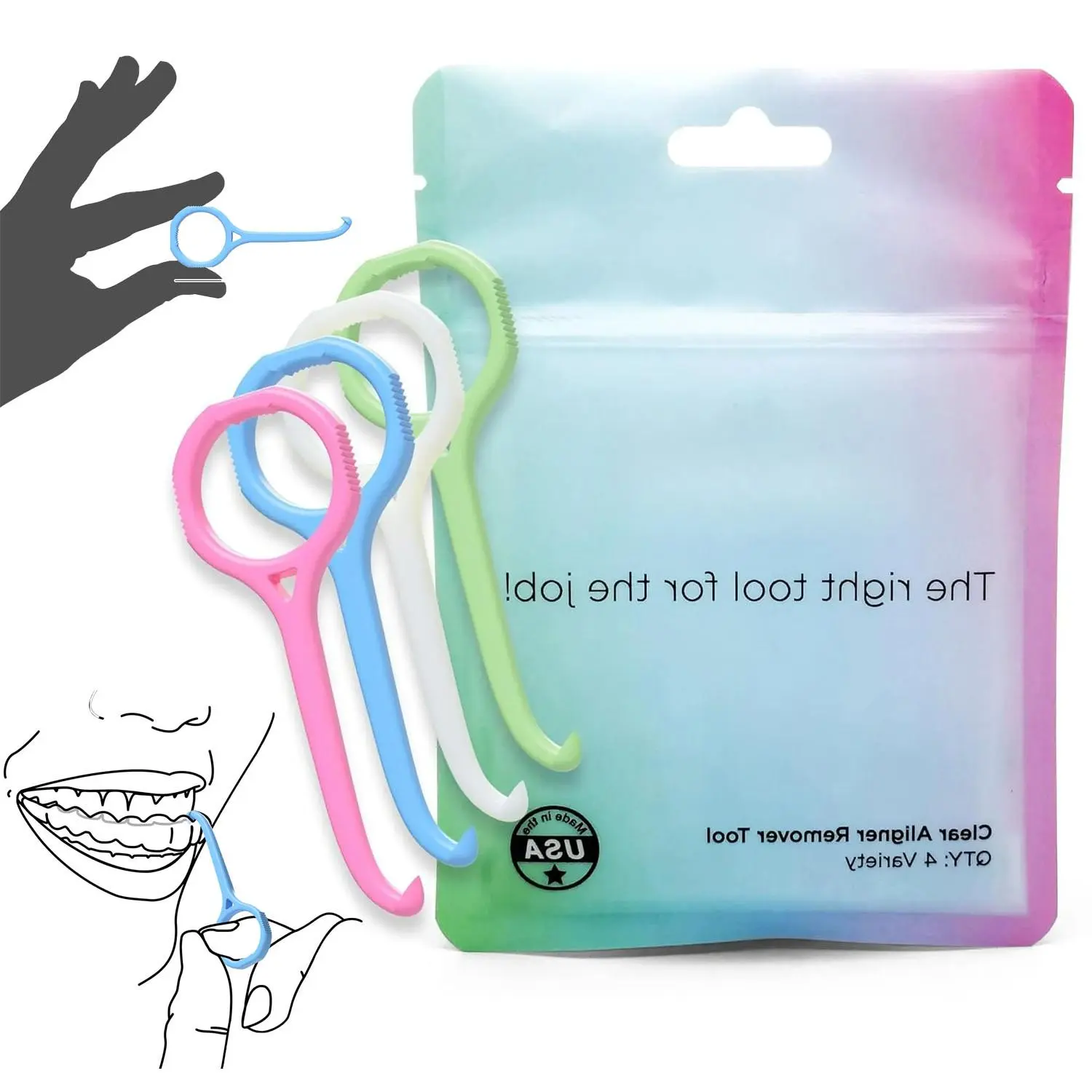 4 Pack Clear Aligner & Retainer Removal Tool, USA Made Orthodontist Recommended Invisible Braces Remover Hook, Universal Clear Aligner Accessory for Daily Orthodontic Care