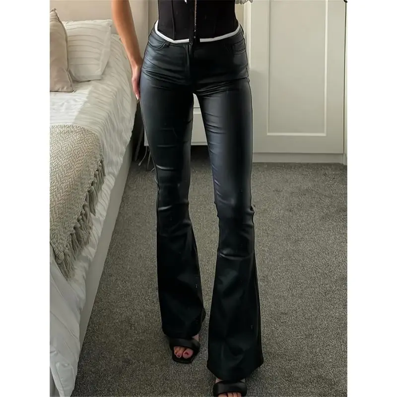 Women's High Stretch Faux Leather Flared Pants, Solid Color, Button Detail, All Season with Bias Pocket Fabric