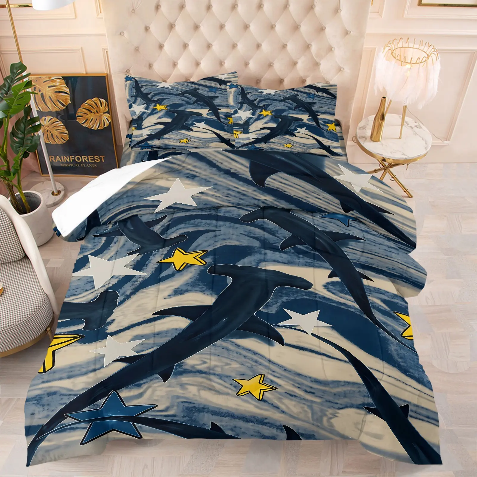 Blue Marble Hammerhead Shark Star Print Comforter Set, 1 Comforter + 1-2 Pillowcases, Durable Soft Comfy Washable Bed Set, High Definition Digital Print, Cool All Seasons Ocean Style, Boys Marine Bedroom Bedding