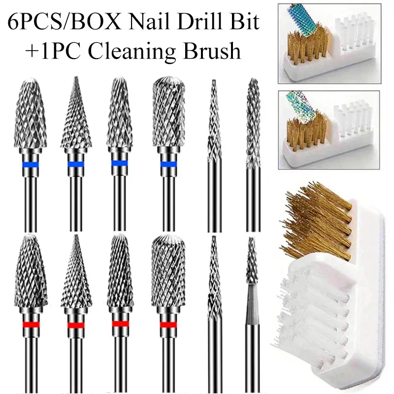 6PCS+1PC Nail Drill Bit Set with Cleaning Brush 3/32" Professional Tungsten Carbide Nail Drill Bits Cuticle Nail Drill Bits Acrylic Gel Nail Tech Manicure Pedicure Home Salon