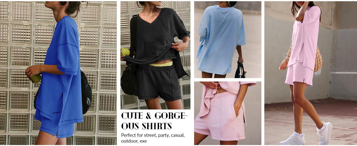 FMEYOA Womens 2 Piece Sets Summer Outfits 2025 Lounge Set 3/4 Sleeve Oversized Tops And Elastic Waist Shorts With Pockets