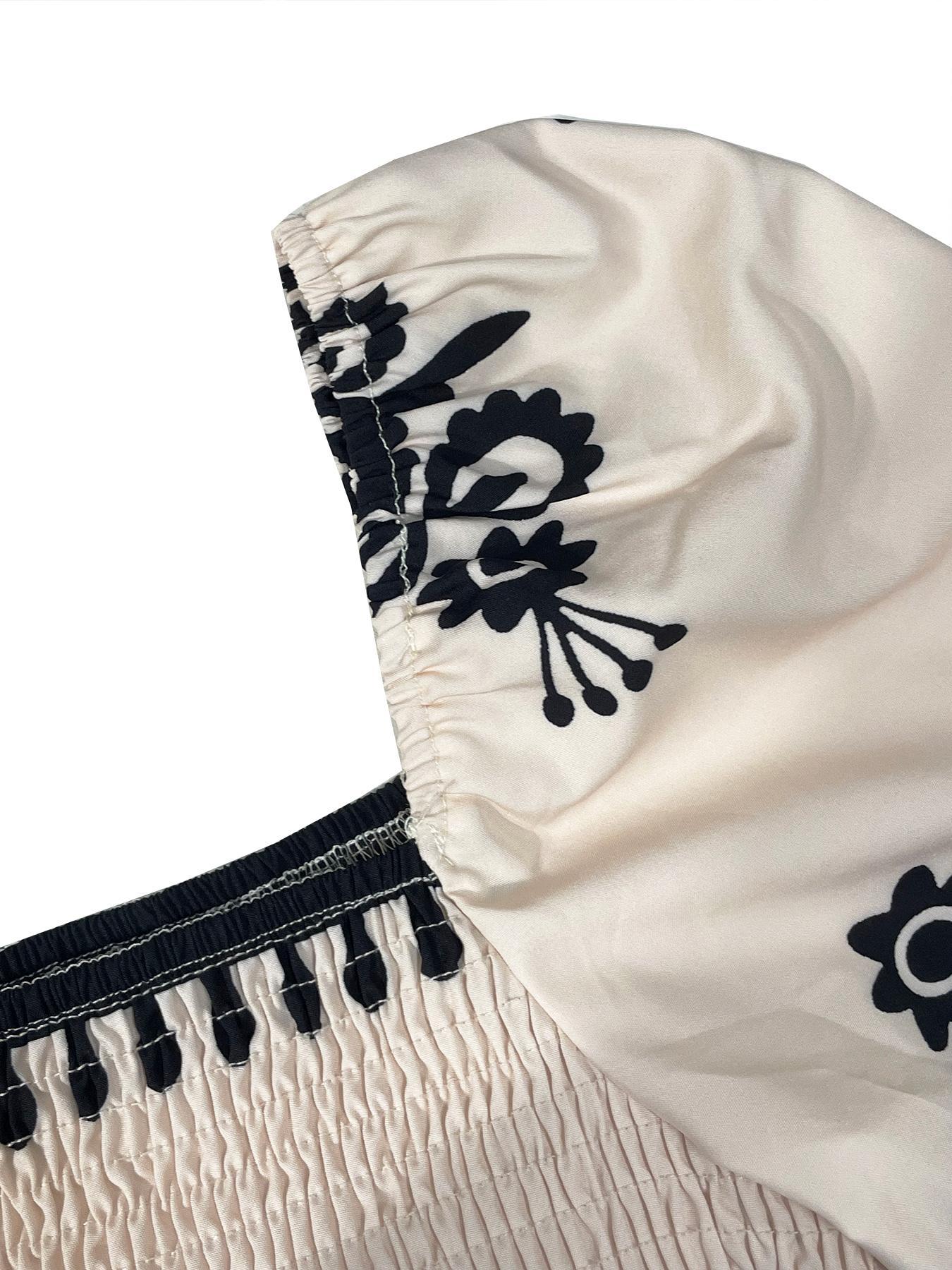 Women's Vintage Boho Floral Print Lantern Long Sleeve High Waist Dress, Square Neck Shirred Design, Valentine's Day Party Elegant