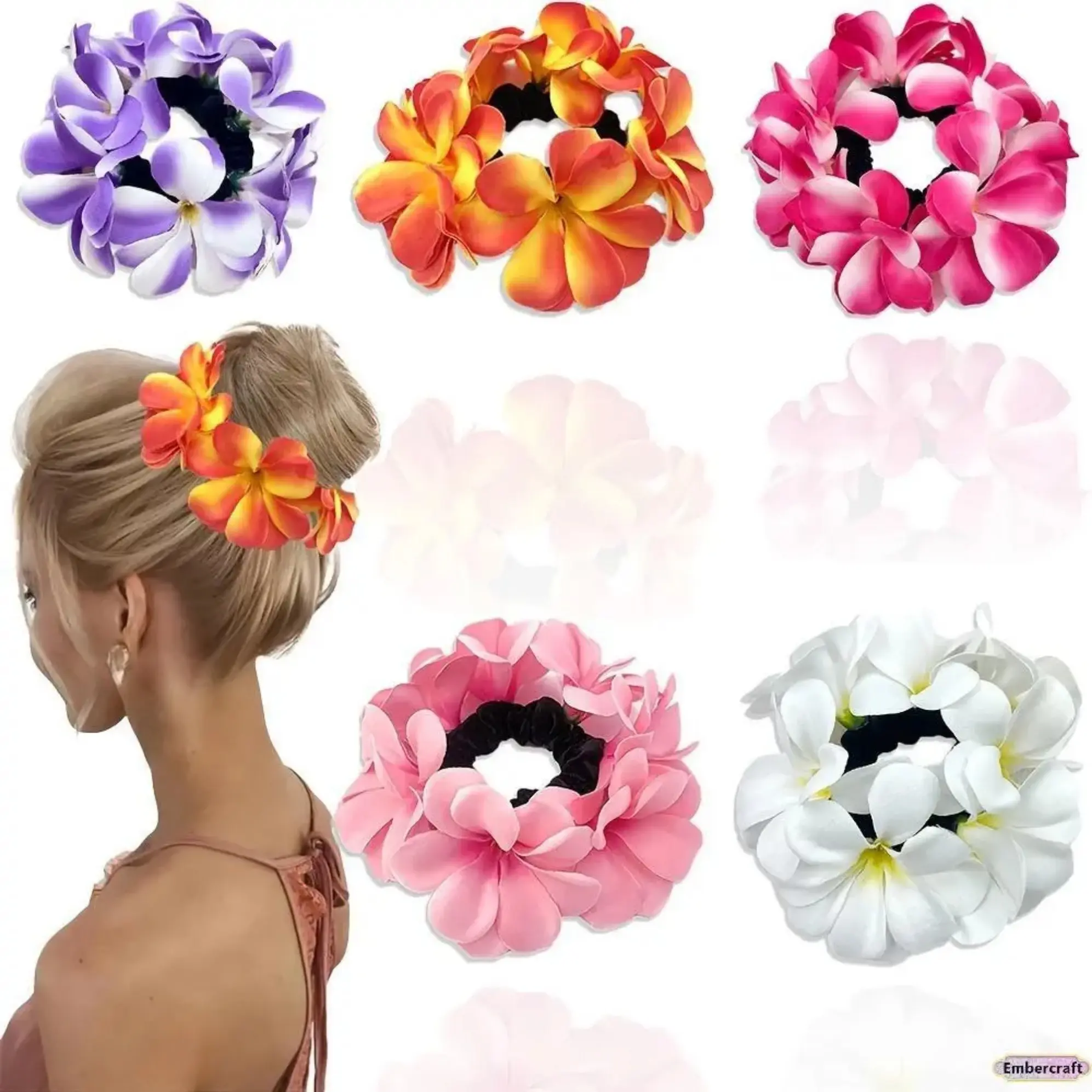 Female 5-Piece Mixed Colors Plumeria Flower Scrunchies, Ethnic Boho Hair Tie Set with Plastic Floral Accents, Bag Charm for Beach, Everyday Daily Use, 5 Pieces Mixed Colors, Pack Of 5 B Color Mix