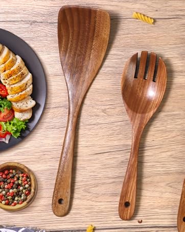 7 PCS Wooden Spoons for Cooking Natural Teak Kitchen Utensils Smooth Non-Stick Surface Cooking Utensils Set Soft Comfort-Grip Wooden Utensils for Cooking