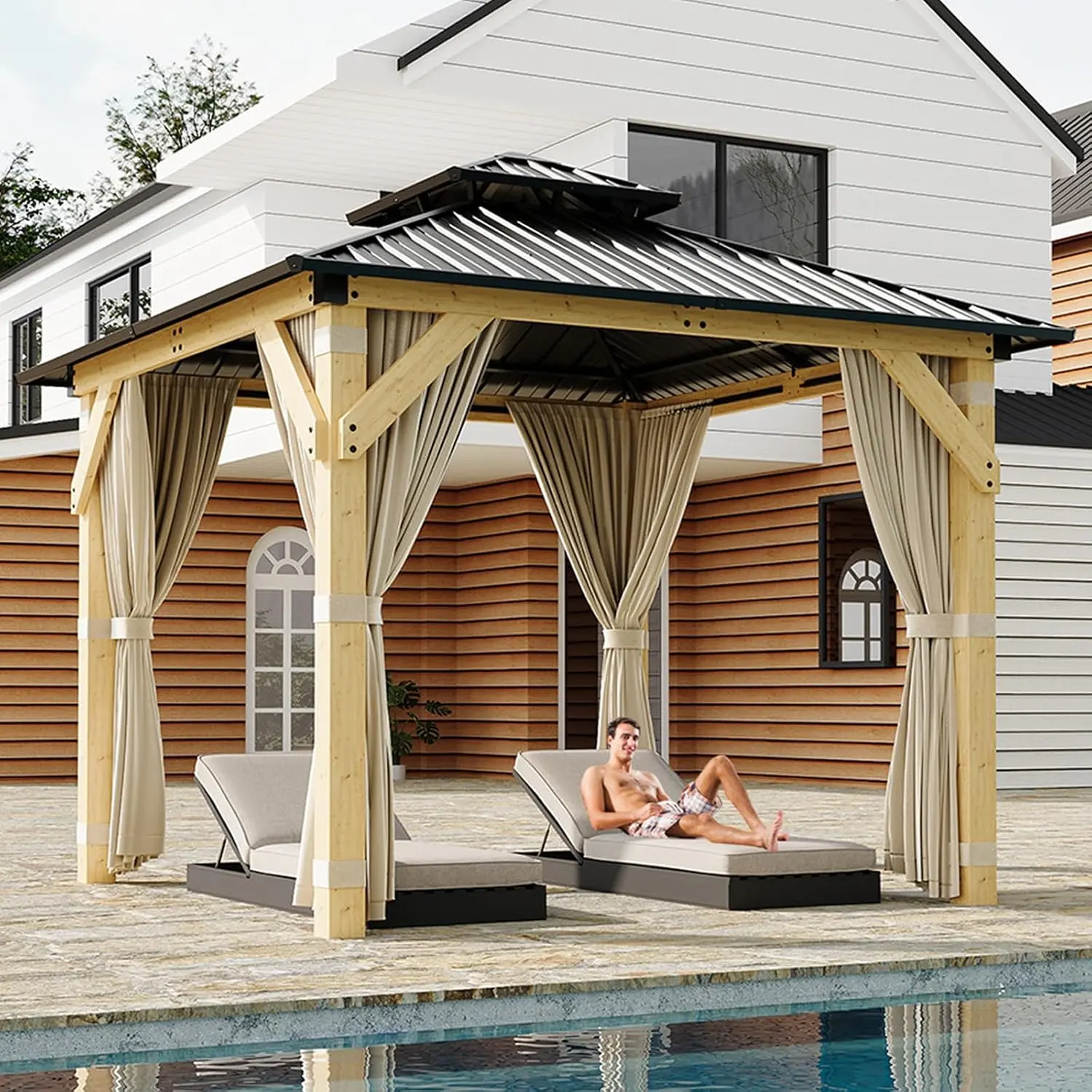 10x10 ft Hardtop Gazebo with Nettings and Curtains, Wood Grain Heavy Duty Double Roof Galvanized Steel Outdoor Combined of Vertical Stripes Roof for Patio, Backyard, Deck, Lawns, Khaki