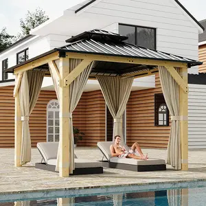 10x10 ft Hardtop Gazebo with Nettings and Curtains, Wood Grain Heavy Duty Double Roof Galvanized Steel Outdoor Combined of Vertical Stripes Roof for Patio, Backyard, Deck, Lawns, Khaki