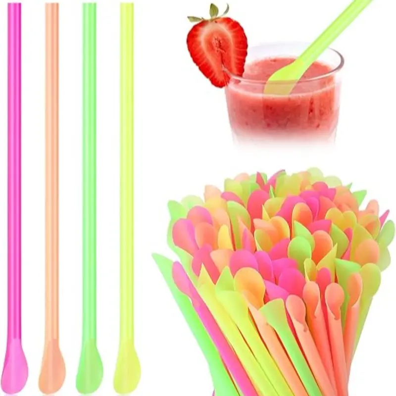 Colorful Spoon Straws, Food Grade Disposable Spoon Straw, High Temperature Resistant, Fluorescent Spoon Straw for Smoothie, Slush, Milkshake