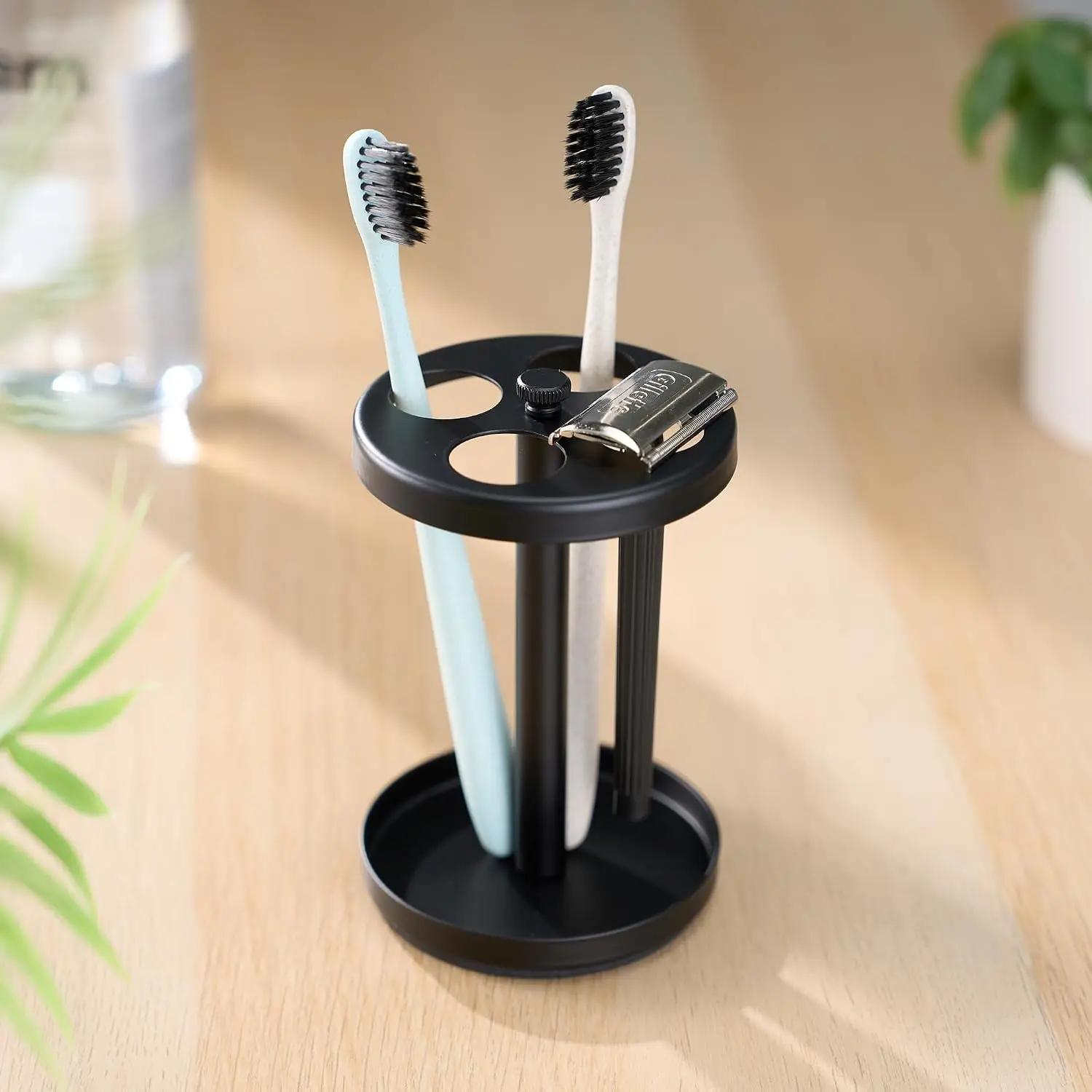 Minimalist Matt Stainless Steel Toothbrush Holder Stand - Rustproof Steel Bathroom Countertop Organizer with 4 Ventilated Slots for Manual Toothbrushes, Razor