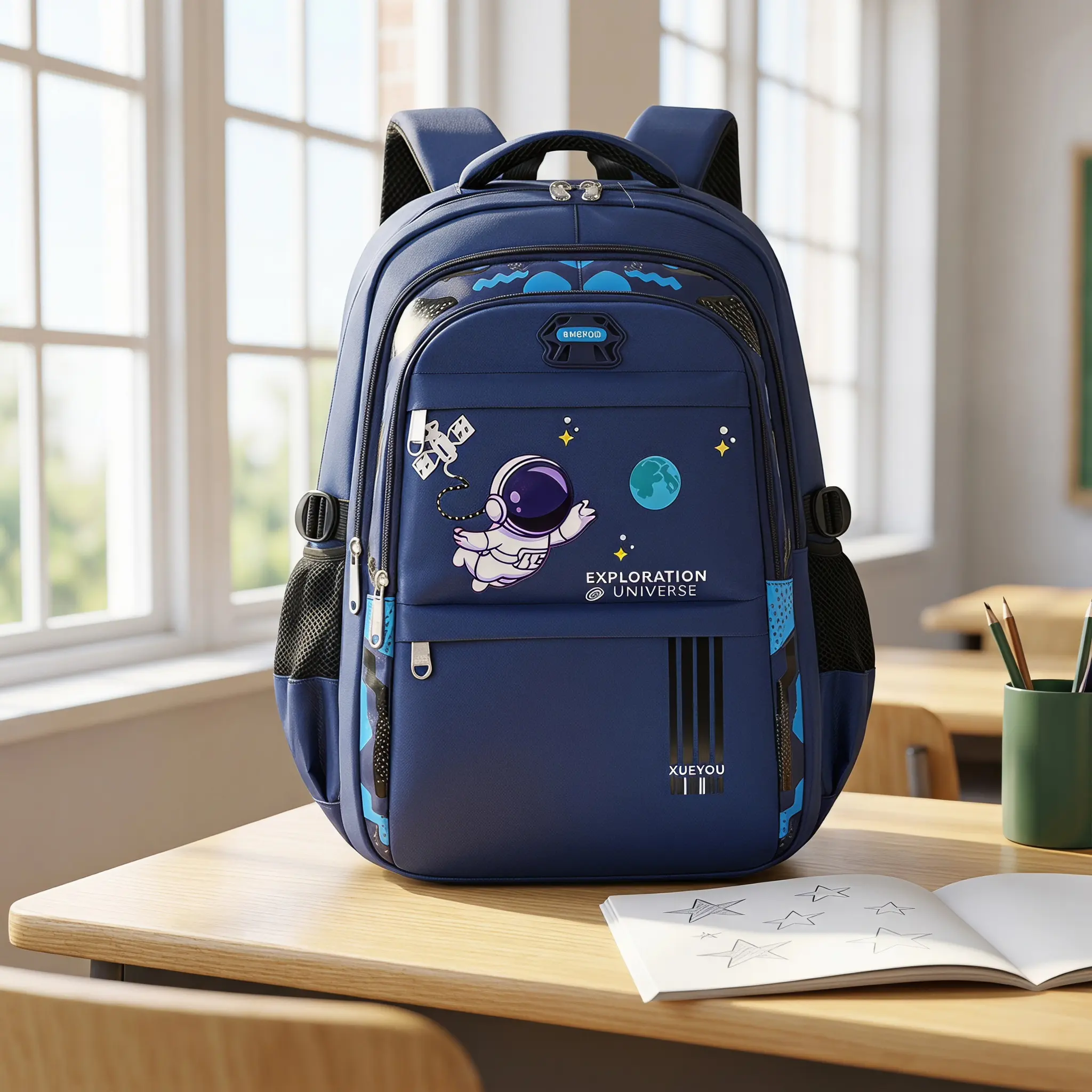 Lightweight Waterproof School Backpack  Unisex Oxford Fabric Cushioned Shoulder Straps Large Capacity Cute Astronaut Design Color Blocking Everyday Essential