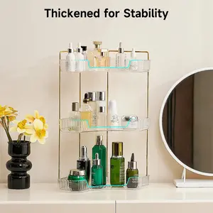 3 Tiers Corner Bathroom Counter Organizer, Clear Countertop Shelf Storage Rack, Cosmetic Perfume Tray Standing Holder with Gold Metal Pole, Skincare Sink Organizer for Vanity Kitchen Transparent Smooth