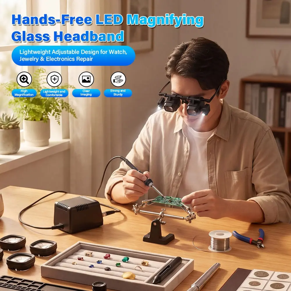 Magnifying Glasses for Close Work, Jewelers Magnifying Glass with Light & 5 Interchangeable Lens Pairs(2X 6X 8X 12x 24x), Headband Loupe Magnifier Adjustable for Watch Repair,Crafts, Portable Magnifying Glass