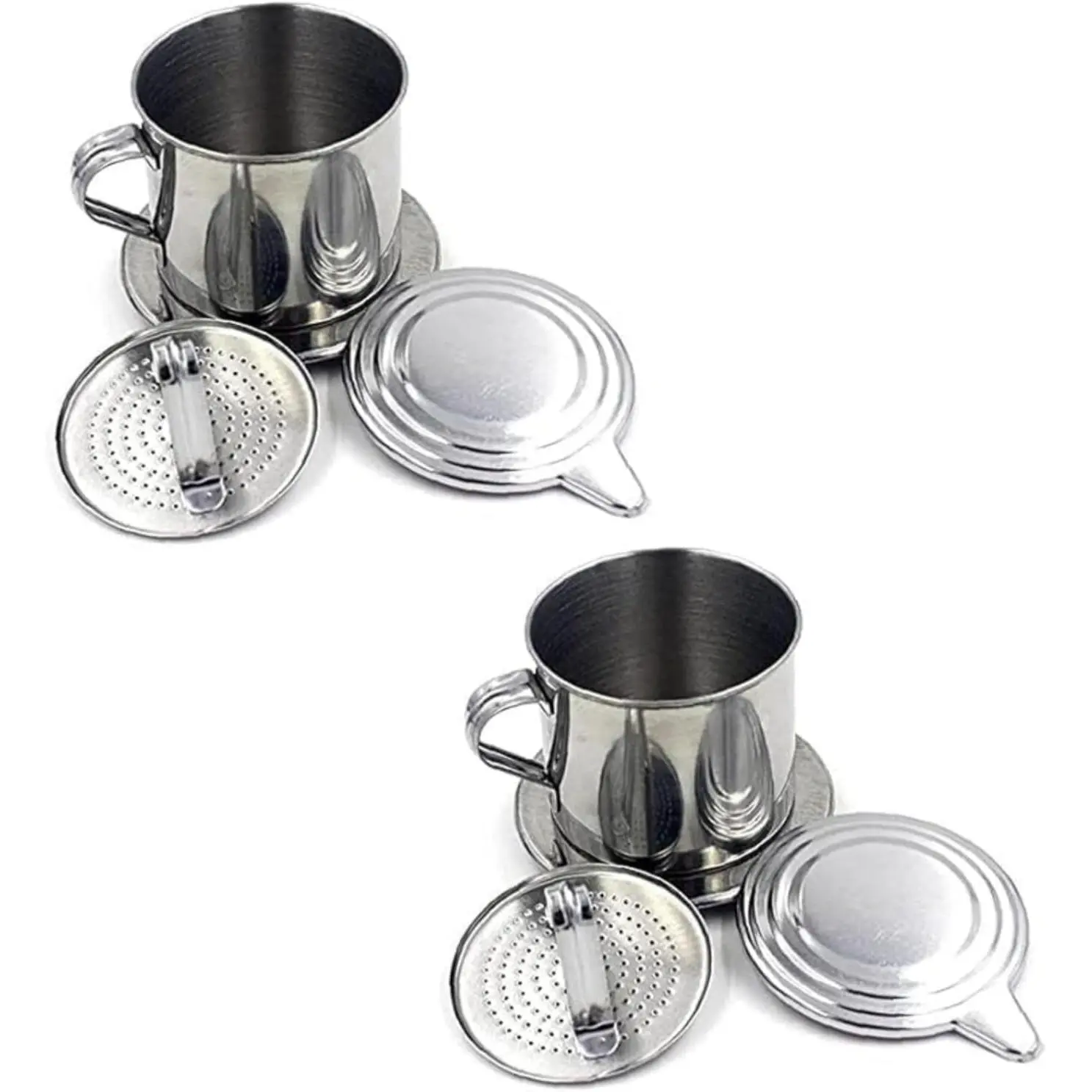 2Pcs Silver Vietnamese Coffee Filter Stainless Steel Pot Drip Infuse Cup Brewing Teapot No Need Paper Drip Coffee Pot Machine Filter for Home Kitchen Office Outdoor