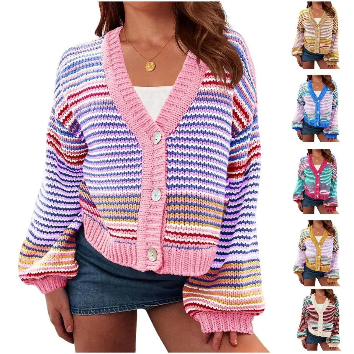 Imily Bela Womens Striped Cardigan Sweaters Oversized Puff Sleeve Button Up V Neck Color Block Knit Sweater Coat