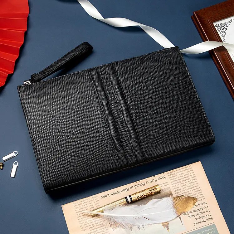 Men Top Grain Saffiano Leather Business Clutch Bag, Black Wristlet Hand Purse With Built-in Rear Hand Strap & Detachable Wrist Lanyard