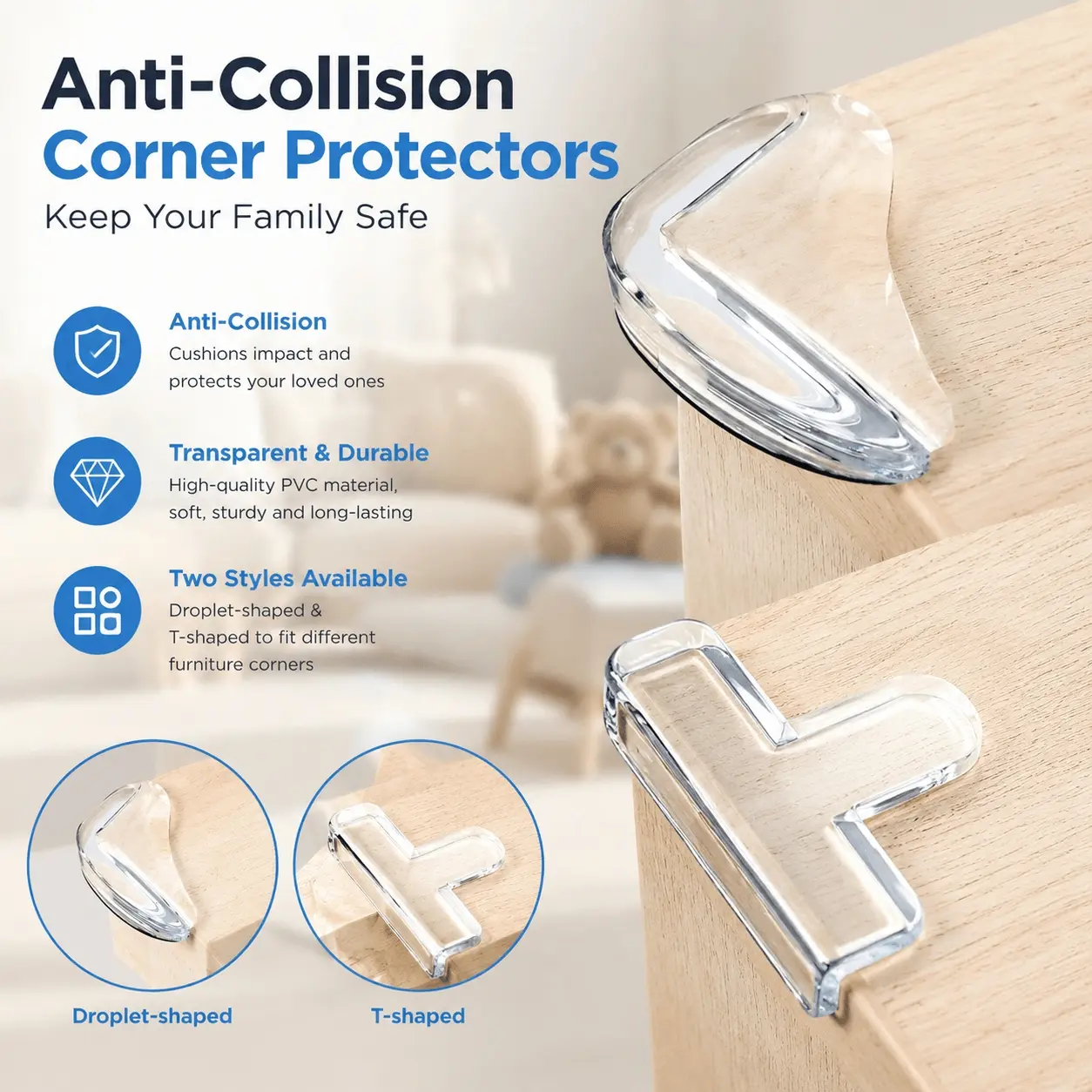 Baby Proofing Corner Guards Edge Protectors, Soft Bumpers Anti-Collision Pads for Furniture, Child Safety Home Protection Kit, Non-Slip Easy Install for Wall Table Cabinet Door Window
