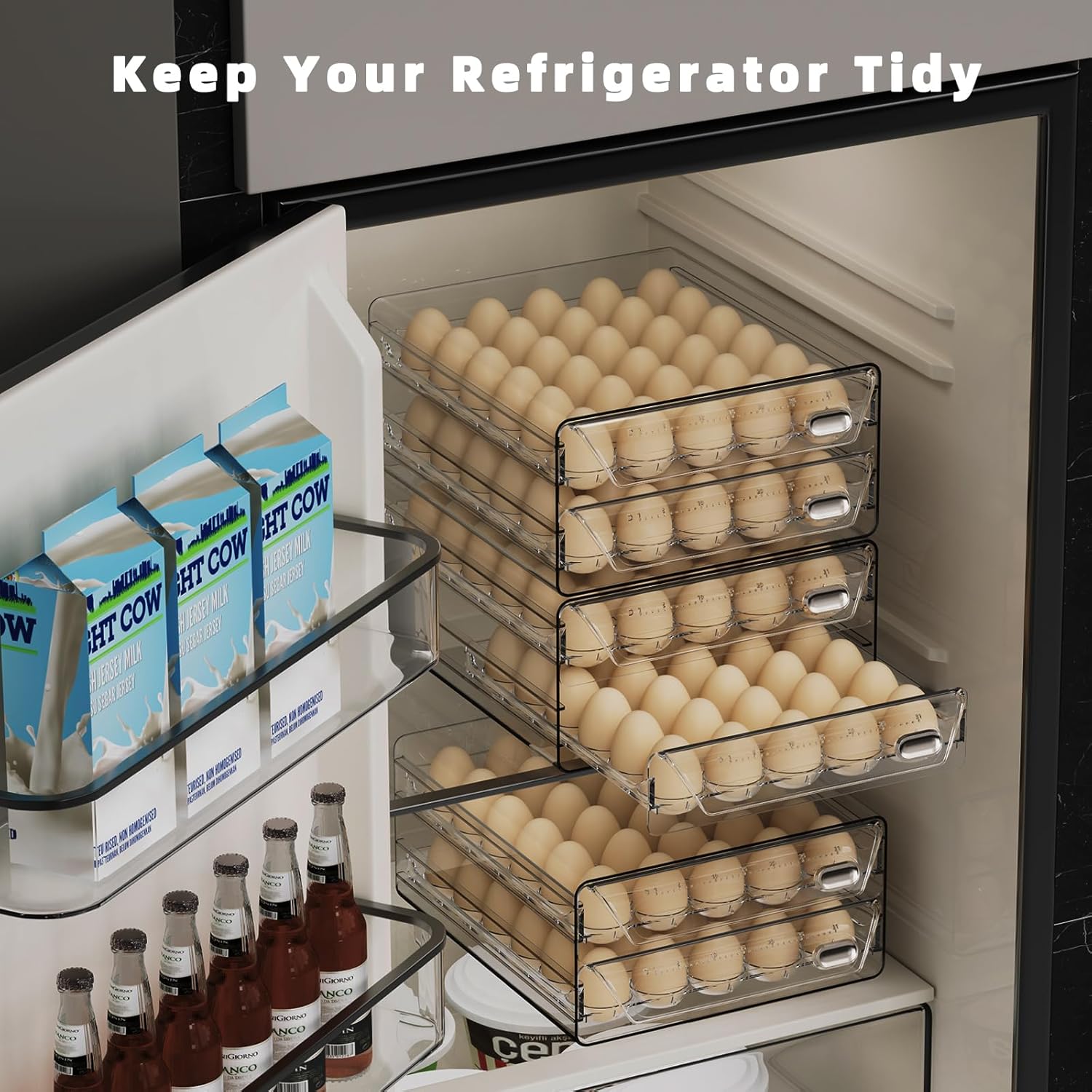 Clear 40 Egg Holder for Fridge, High Capacity Storage With Time Scale, Stackable Container and Dispenser for Refrigerator With Drawers (2 Layer, 9.8"x 8.5"x 5.5")