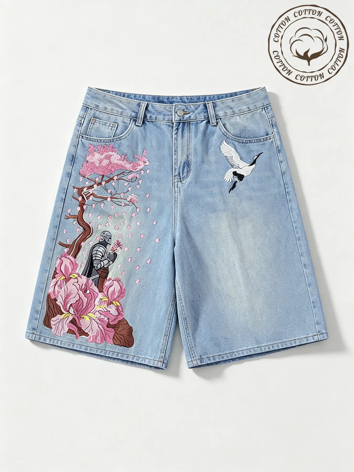 Vintage Y2K Eastern Aesthetic Samurai Cherry Blossom Embroidered Men's Loose Over-Knee Wide-Leg Jeans Shorts, Breathable Washed Denim Button Front Casual Pants