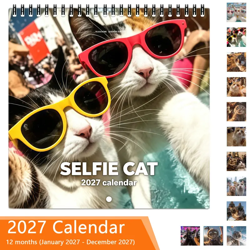 2027 Calendar Planner - Cute Cat Selfie Design, 12-month layout (January to December), suitable for home and office use, a cute and interesting aesthetic style calendar