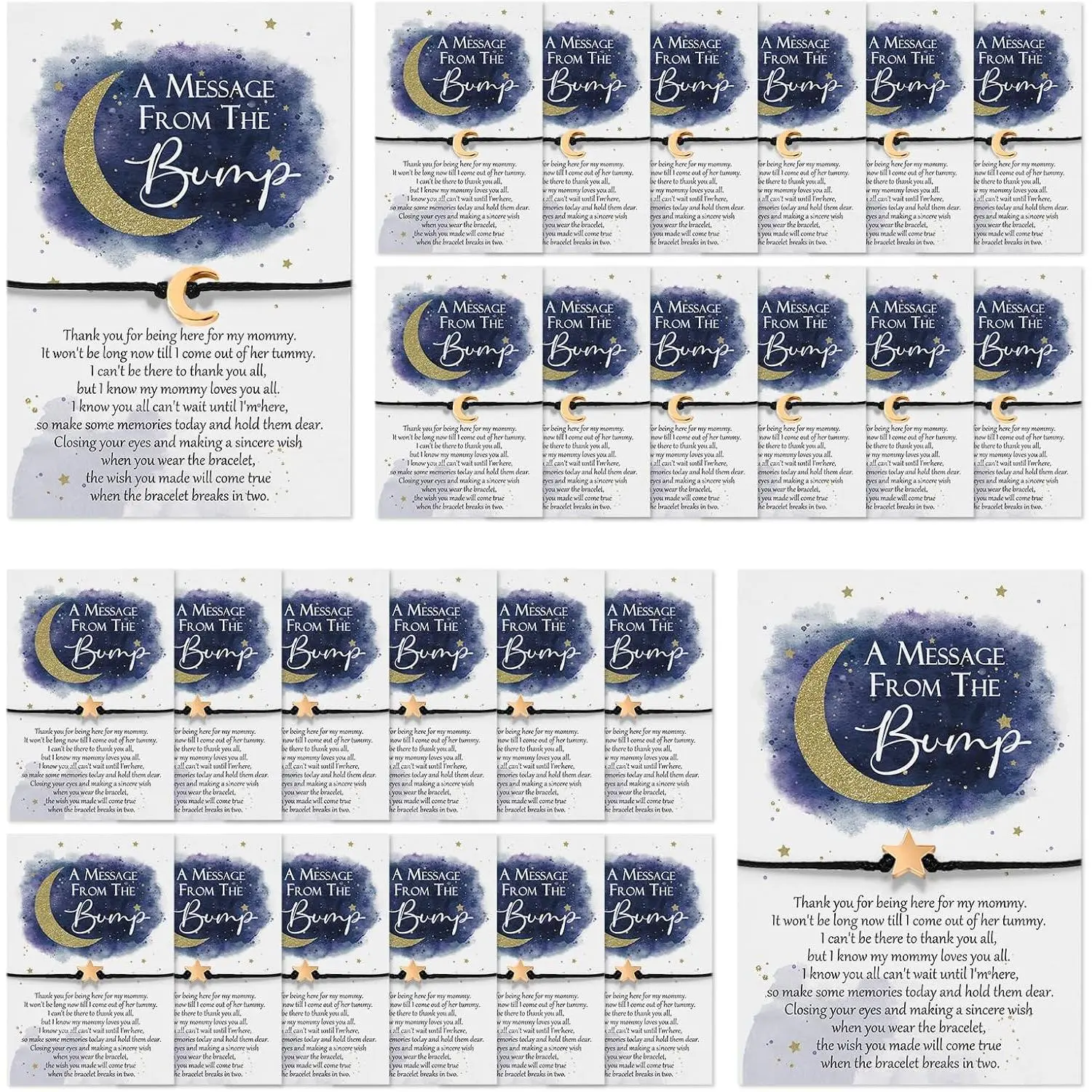 Over the Moon Adjustable Fit Baby Shower Wish Bracelets - Modern Costume Jewelry with Coated Paper Message from the Bump Card, Thank You Party Favors for Guests, Baby Showers, Message Card