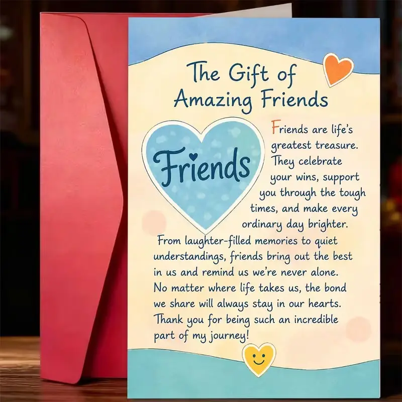 Heartfelt Friendship Card with Envelope, "The Gift of Amazing Friends" Sentimental Greeting Card, Blue Yellow Heart Wavy Border Design, Appreciation Gift for Best Friends and Friends