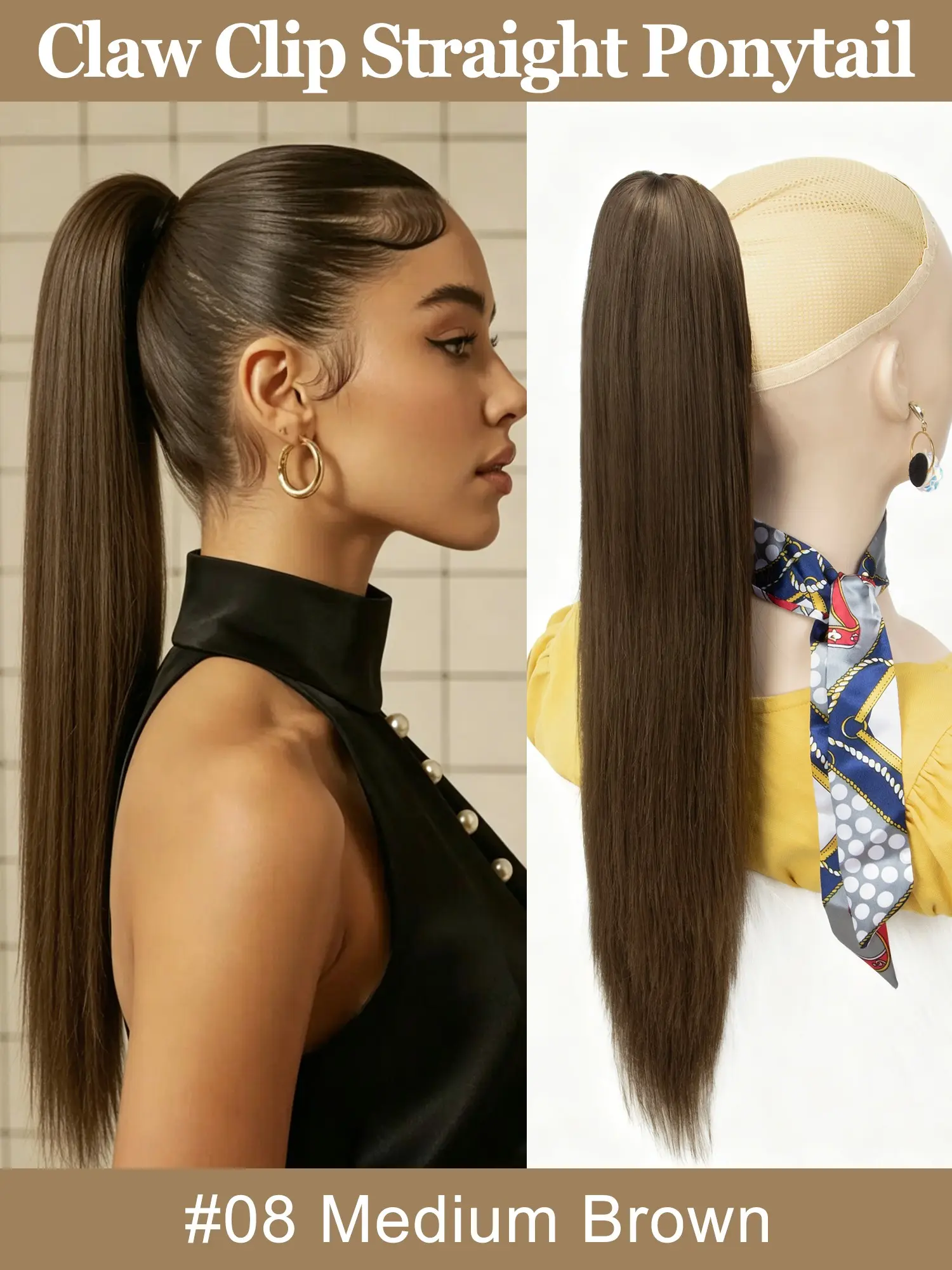 Claw Ponytail Extensions Long Straight Ponytails for Women Black Brown Hair Pieces Synthetic Hair Pony Tails Extension Clip in Hairpiece 18 inch Available in multiple colors