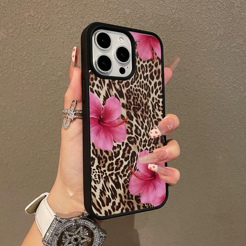 Multi-Functional Magnetic Case for iPhone11 12 13 14 15 16 Plus 17 promax Bold Leopard Print & Pink Hibiscus MagSafe Ready, Anti-Fall,Ultra-Thin Design Perfect for Everyday Use
