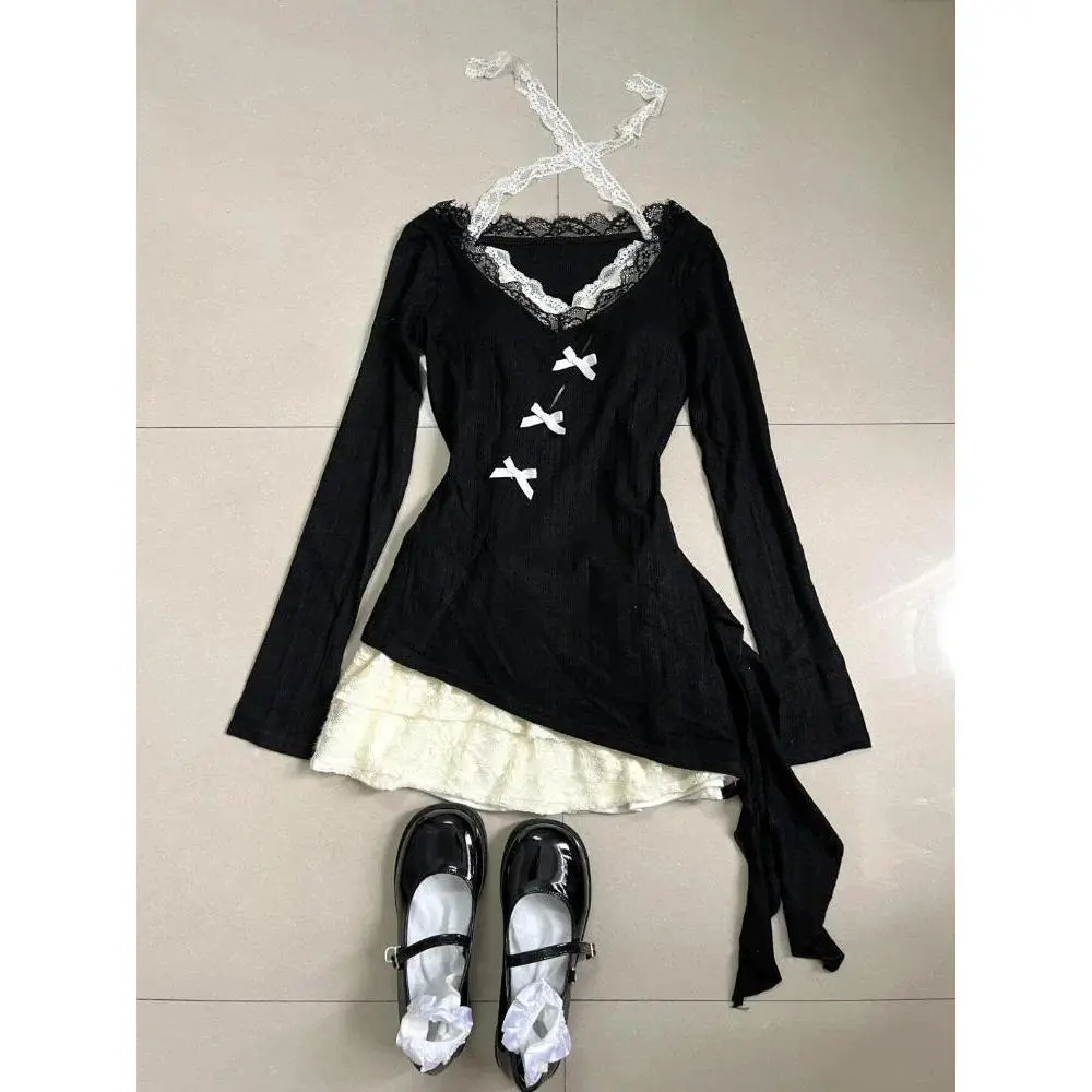 Summer Women Y2k Shoujo Girl 2000s Kpop Korean Outfits 2 Piece Set Long Sleeve Tops + Coquette Ballet Core Mini Lace Dress