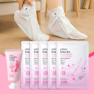 LAIKOU Japan Sakura Foot Mask and Cream Bundle - 5 Pairs Hydrating Foot Peel & 50g Skin Softening Care Cream, Cherry Blossom Foot Care Set for Soft, Smooth Feet (Pack of 6)
