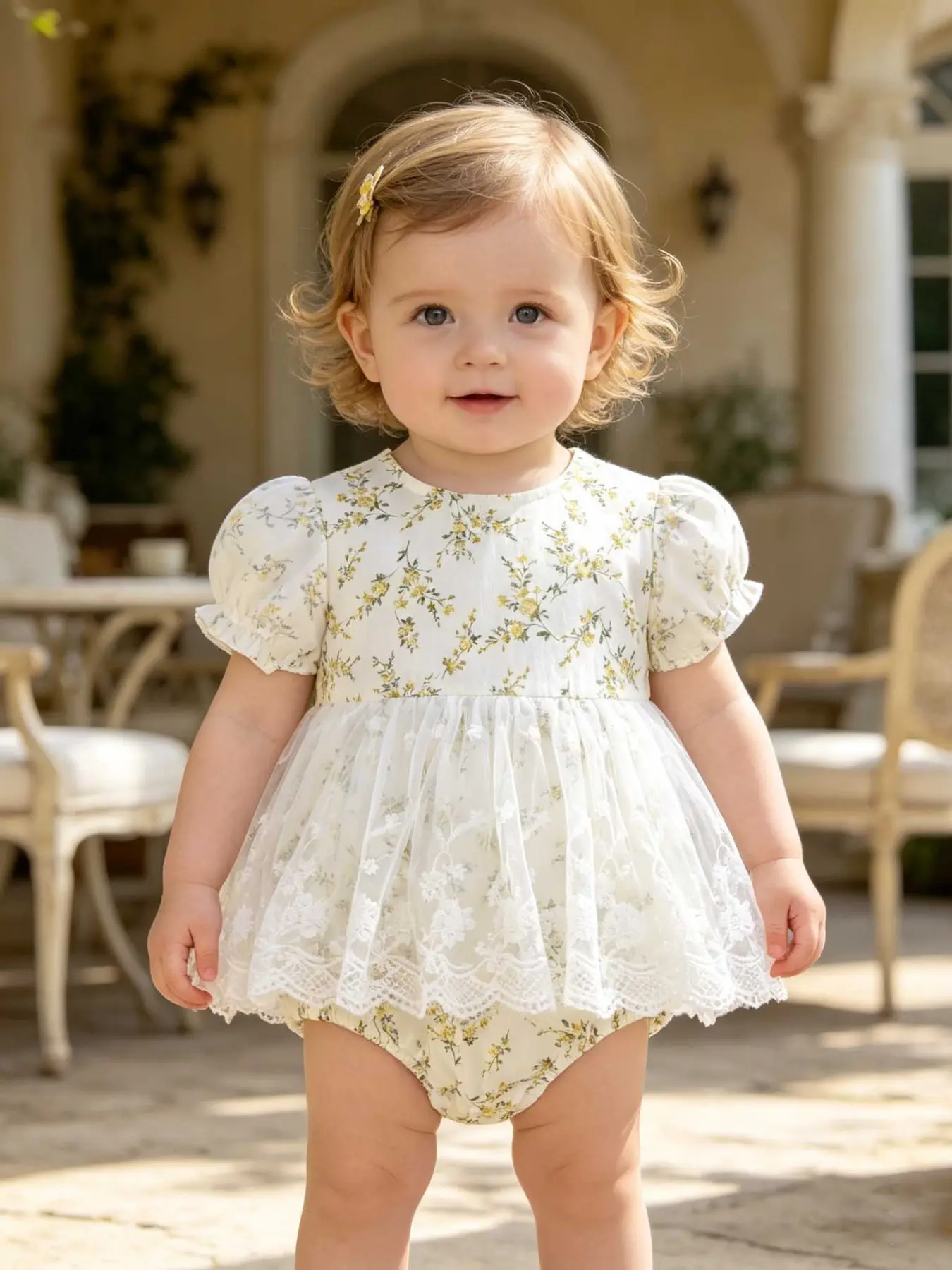 Baby Girl Floral Bubble Sleeve Romper, Mesh Lace Skirt Baby Onesie, Summer Princess Style, French Countryside Infant, Full Moon Dress