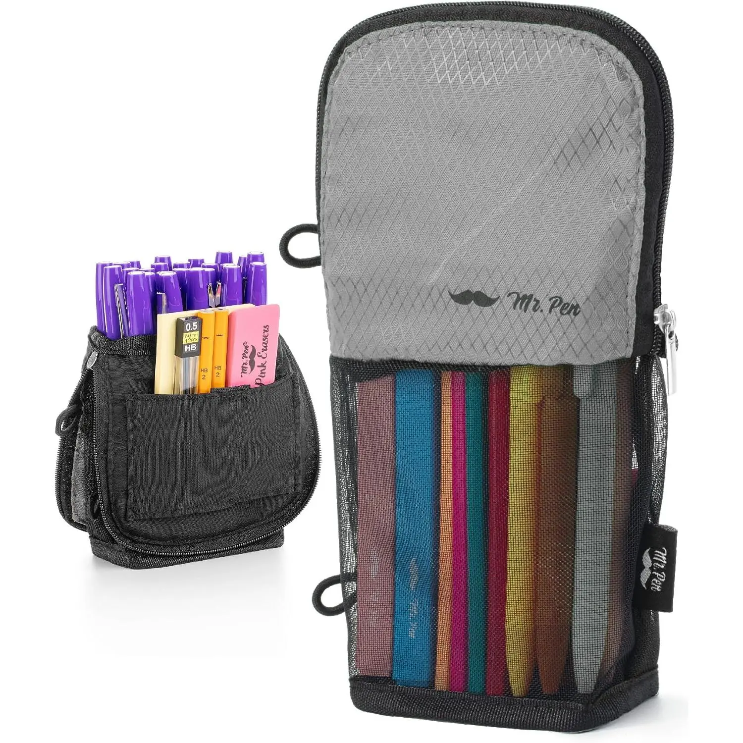 Transparent Mesh-View Standing Pencil Case Pouch - Sit & Lay Design, Black & Gray, Interior Pocket, 2 Elastic Binder Loops, Cute Pencil Case for Kids (Office Stationery Writing Tool Accessory)