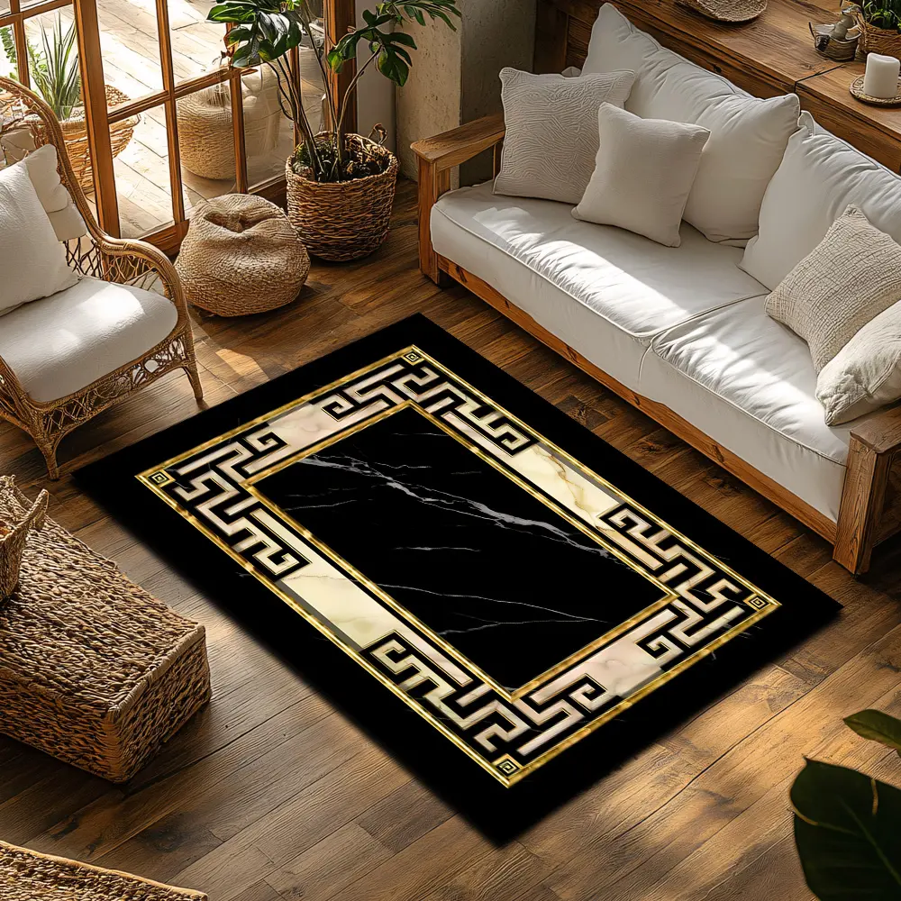 Gold Chinese Scroll Border Black Marble Texture Crystal Velvet Luxury Living Room Anti Slip Area Rug Decorative Rugs #ChineseScrollBorderRug #MarbleLuxuryRug #CrystalVelvetFloorMat #ClassicHomeDecorCarpet