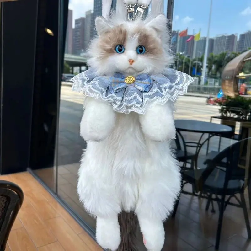 Simulation Ragdoll Cat Plush Backpack, Lifelike Calico Cat Stuffed Animal Bag, Cute Fluffy Kitten Plushie Shoulder Bag for Women