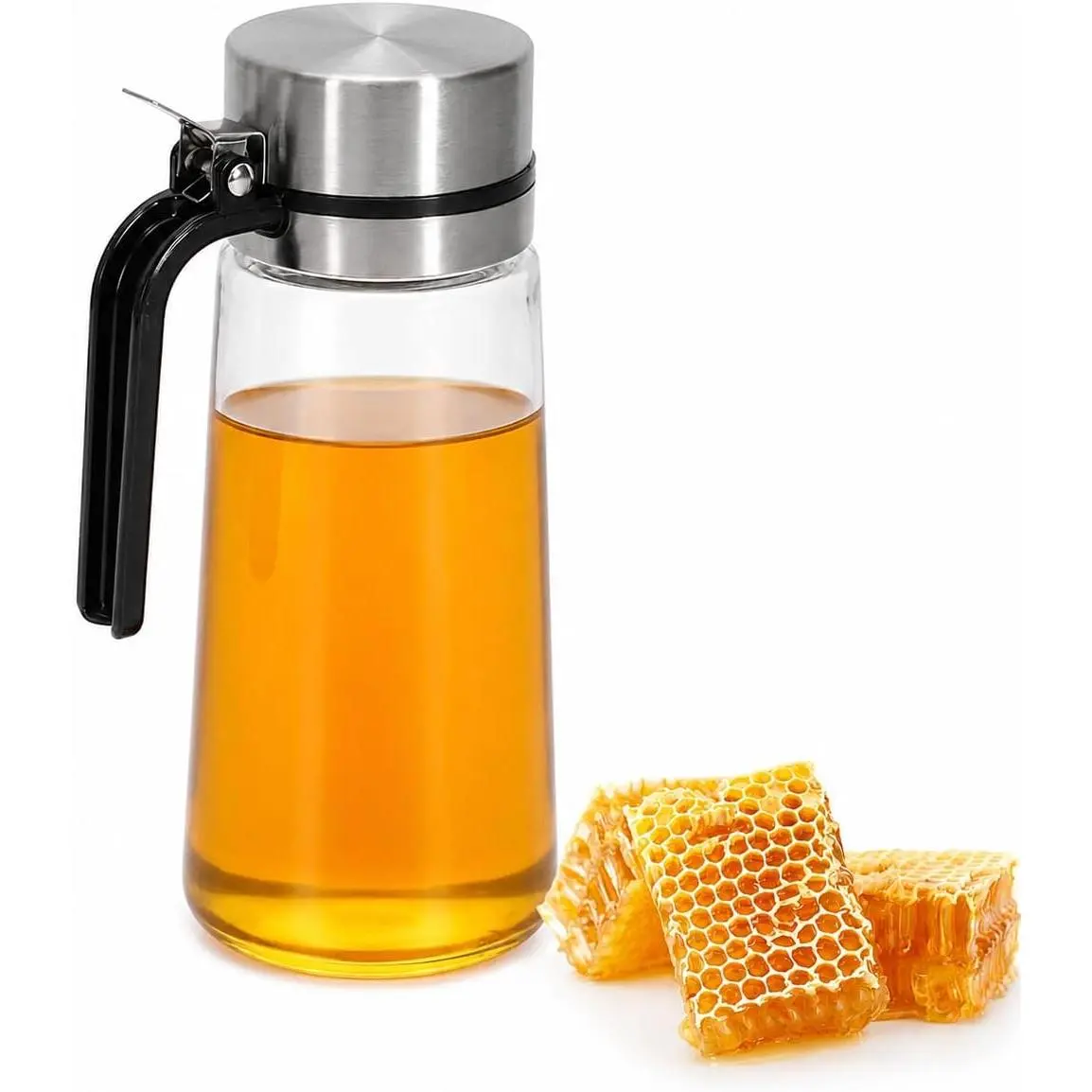 Honey Dispenser,21 oz Glass Honey Pot Syrup Dispenser with Metal Top,Coffee Syrup Dispenser Bottle with Handle Kitchen Countertop Maple Syrup Dispenser