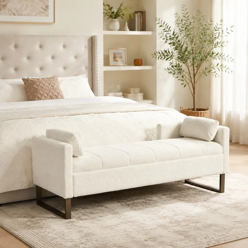 ARCH 63.98" Wide Upholstered Storage Bench with Flip-Top, Chenille Footrest Ottoman with Armrests Backrest 2 Bolster Pillows, Metal Legs, for Living Room End of Bed Hallway Entryway Bedroom, Ivory/Charcoal/Light Gray Options, Charcoal/Ivory/Light