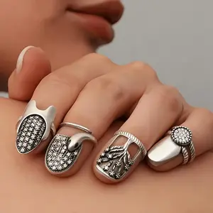 A set of 4 different items  Bohemian Vintage Nail Rings for - Adjustable Opening One Size Suitable for Daily Wear, Parties, Valentine' Gifts, Year-Round Elegant Nail, Retro for Nail Decorations