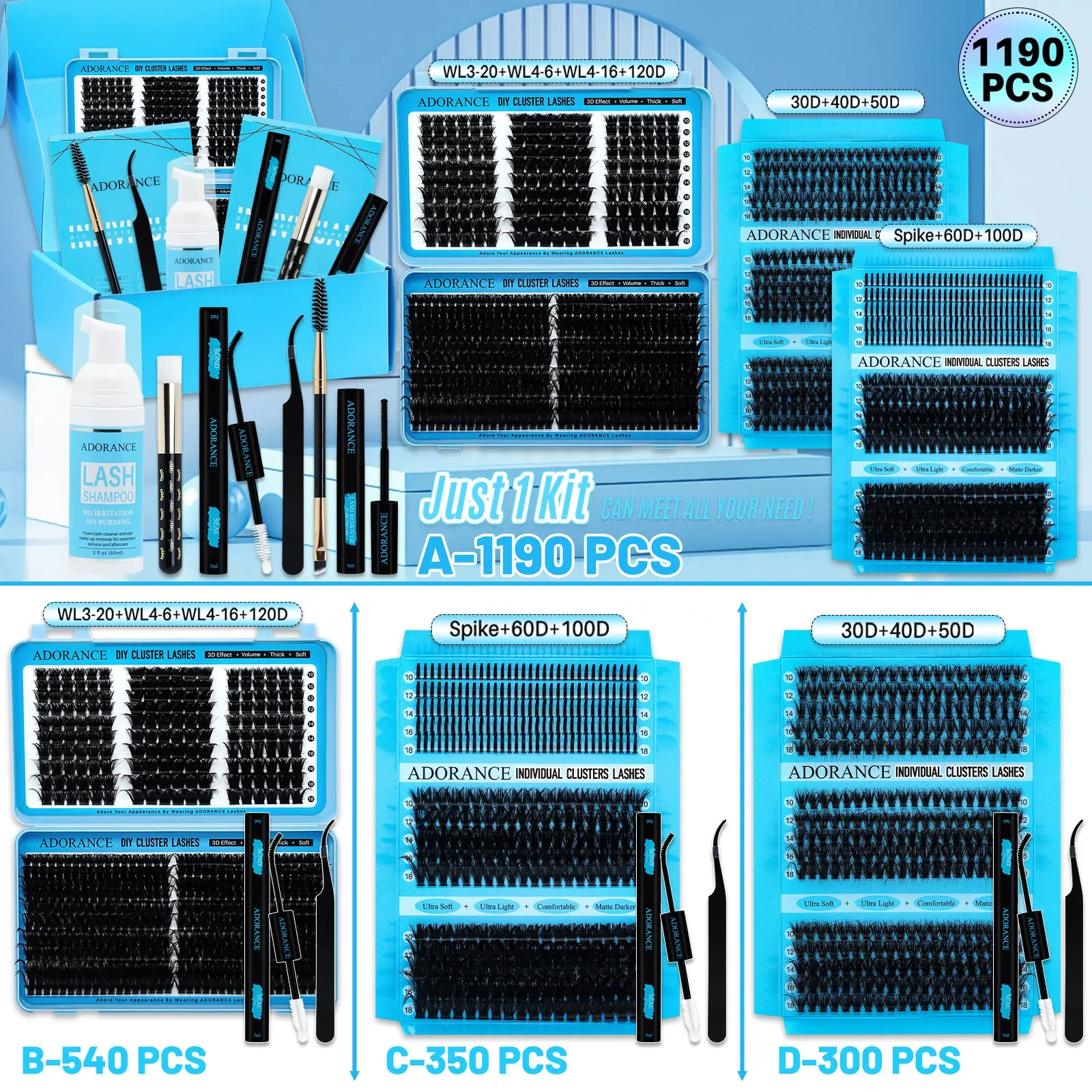 1190/540/350pcs Lash Clusters Eyelashes Extensions Kit, Cosmetic Eyelash Extension, D Curl 10 Styles 10-18 mm Spikes/Natural/Volume with Bond & Seal, Lash Remover, Lash Brush, Lash Applicator, Tweezers, for Beginners and Pros, DIY at Home