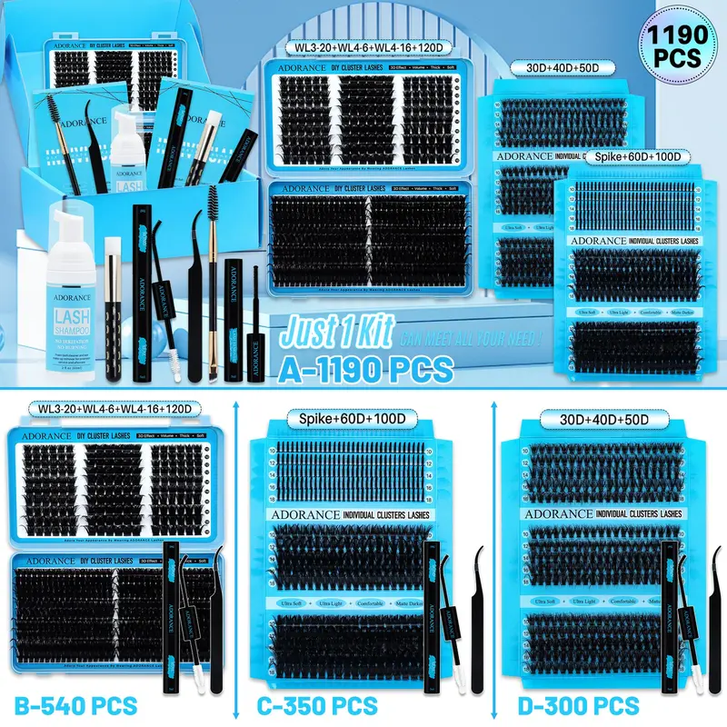 1190/540/350pcs Lash Clusters, Lashes Extension Set, Cosmetic Eyelash Extension, D Curl 10 Styles 10-18 mm Spikes/Natural/Volume with Bond & Seal, Lash Remover, Lash Brush, Lash Applicator, Tweezers, for Beginners and Pros, DIY at Home