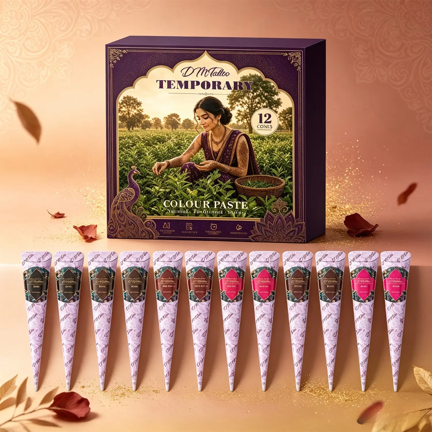 Elegant gift box DM 12 natural herbal henna cones, plant-based gentle formula for sensitive skin. Custom vintage trendy waterproof mehndi, compact portable paint set for short trips, carnivals and outdoor music festivals.
