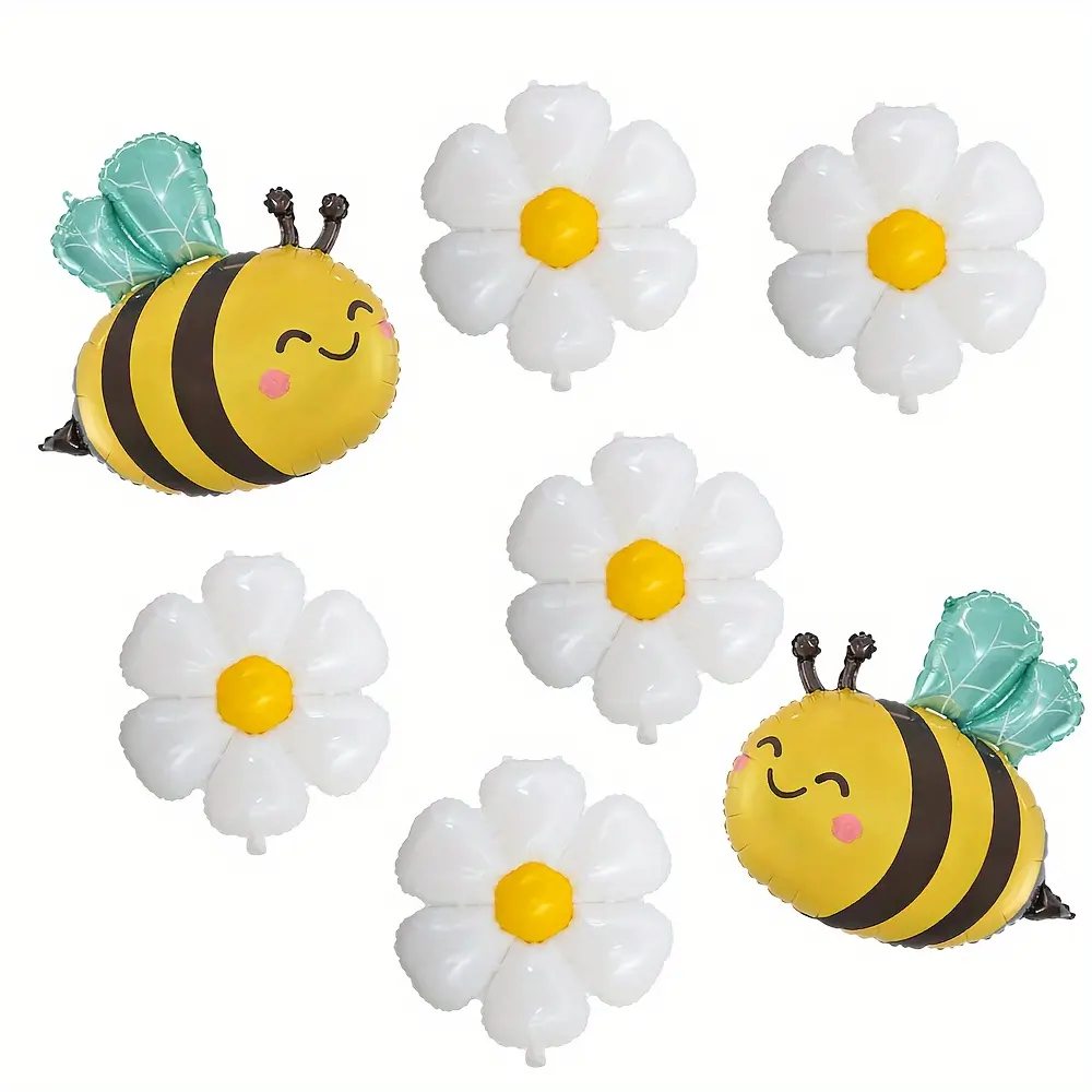 7-Piece Bee Balloons and Daisy Gold Foil Balloon Set, Cute Smile Bee & Fresh Daisy Design, Perfect for Spring Birthday, Wedding, Mother's Day Party Decor