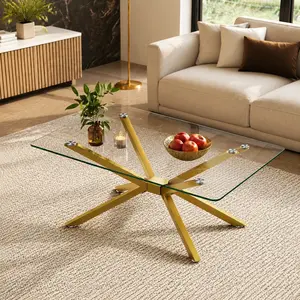 39.37" Rectangular Clear Tempered Glass Coffee Table with Gold Metal Legs, Modern Living Room Table, Adjustable Feet, 220 lbs Capacity