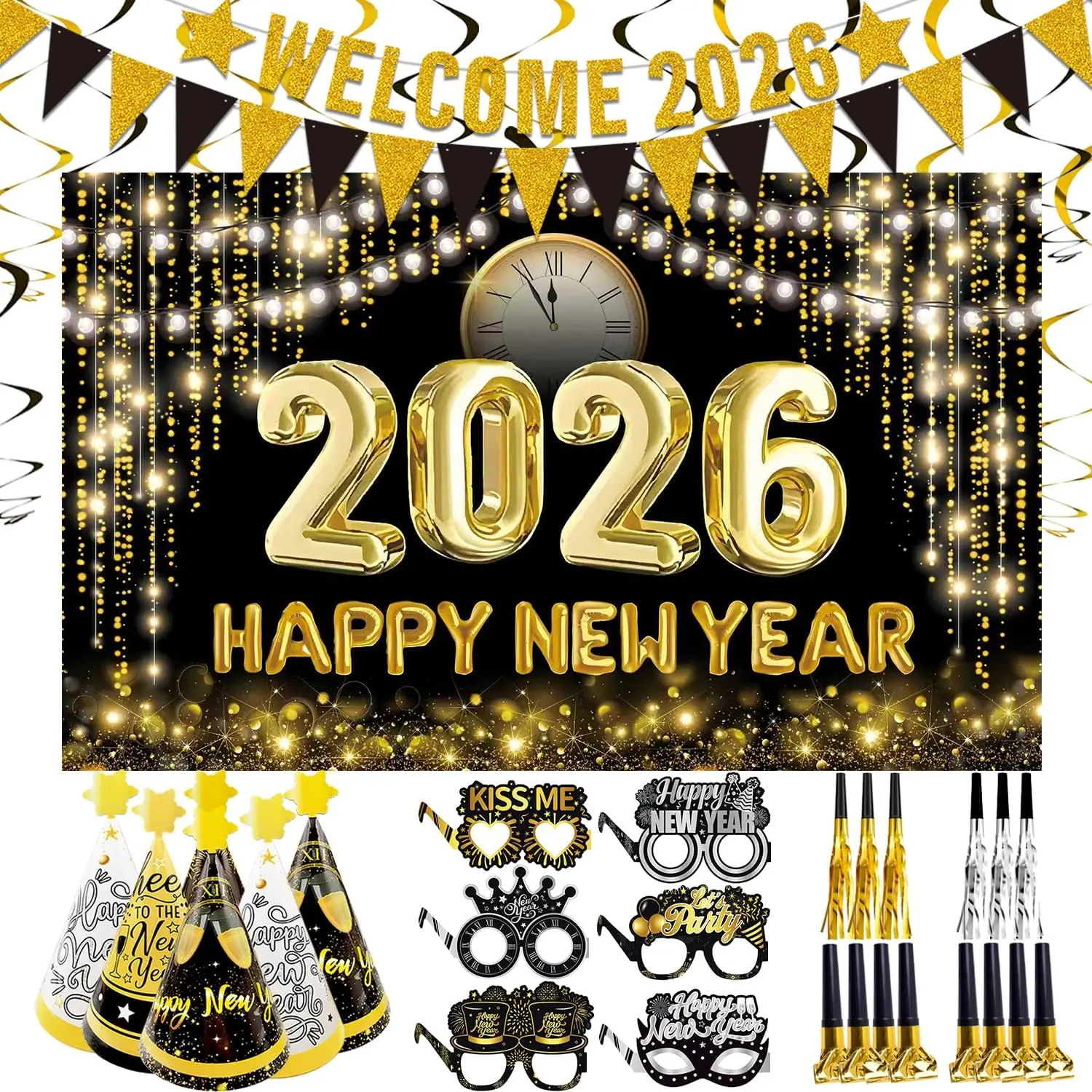 2026   Eve Party Supplies Set, Large Happy  Year 2026 Background Banner, Party Cone Hats, Welcome 2026 Banner, 2026   Eyeglasses and Party Blowers