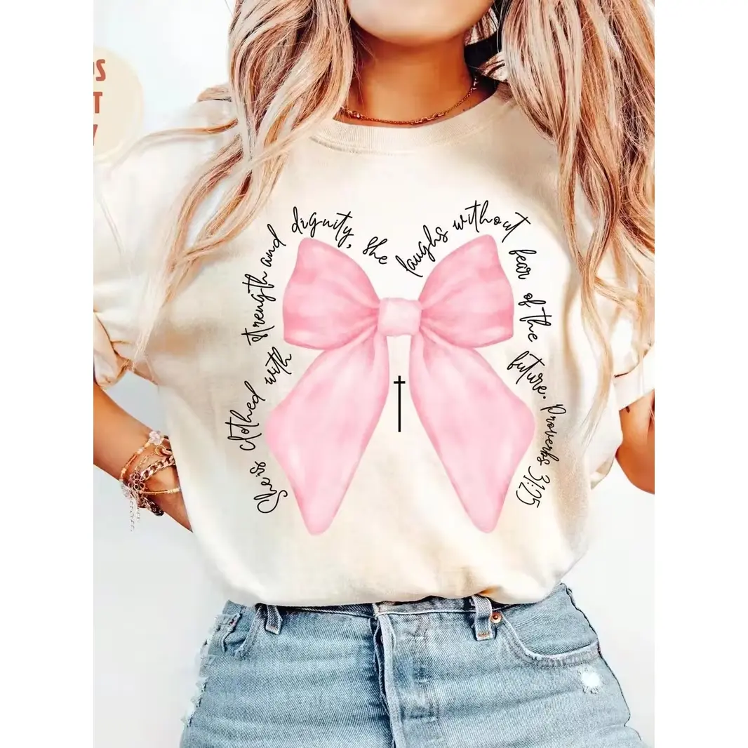Pink Bow Bible Verse Graphic Oversized Cotton T‑Shirt,Comfort Fashion Outfit,Best Religious Holiday Gift For Lover Family Friend