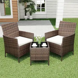 3 Pieces Rattan Patio Furniture Set, 2 Cushioned Chairs + Coffee Table All Weather Bistro Conversation Set For Garden Backyard Porch Balcony