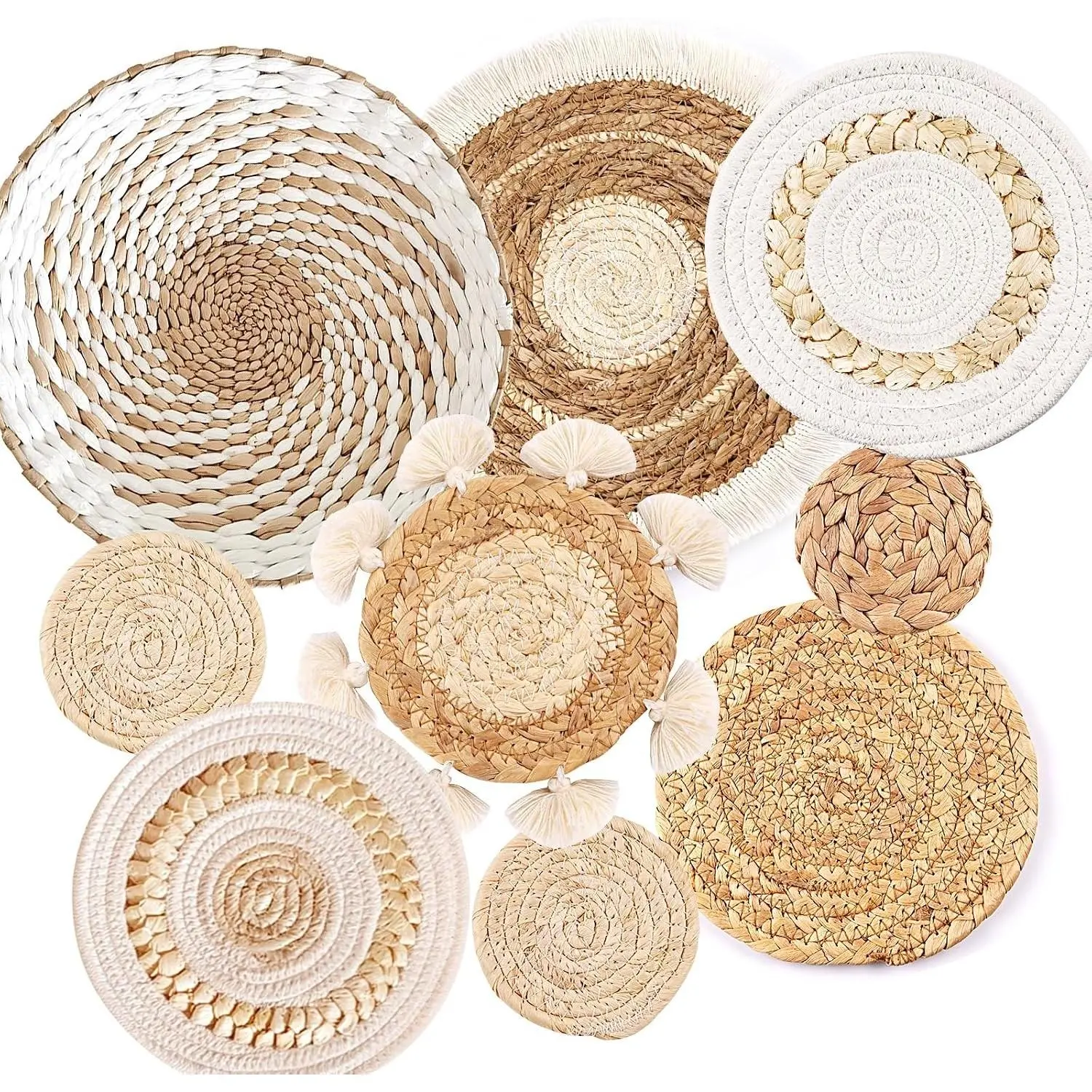 9 Pack Boho Wall Basket Set, hanging Woven Wall Basket Decor, Seagrass Rattan Wicker Boho Wall Decor, Eco-Friendly Round Art for Farmhouse Bedroom Living Room Display Table Settings Kitchen Home