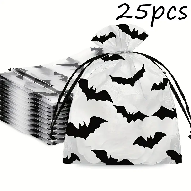 25Pcs Halloween Bat Print Drawstring Gift Pouches Durable Plastic Candy Jewelry Treat Bags Holiday Favor Packaging For Halloween Party School Classroom Christmas Thanksgiving Small Party Gift Decor Supplies