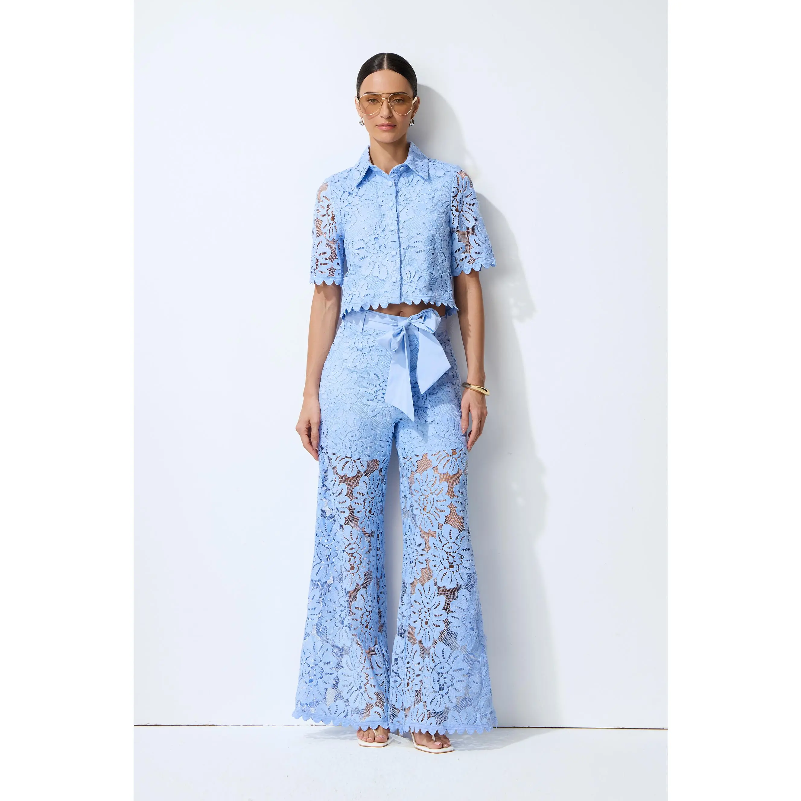 Sunfere Blue Floral Lace Crop Top and Wide Leg Pants Set - Lapel Collar Scalloped Hem Resort Elegant, Vacation Beach Casual Semi-Formal